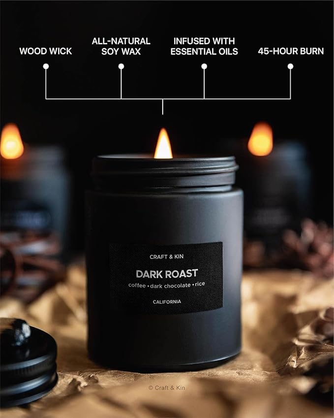 Craft & Kin Premium Dark Roast Coffee Candle | Black Scented Candles for Home | Long Lasting with 45 Hour Burn Time, 7.6oz | Soy Candle | Aromatherapy at Home | Gifts for Men