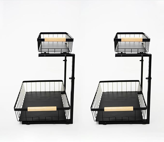 Under Sink Organizer 2 Pack, 2 Tier Pull Out Cabinet Organizers and Storage for Kitchen Bathroom Pantry Laundry, Adjustable Height, Slide Out Thickened Metal Storage Shelf (Black, 2 Pack)