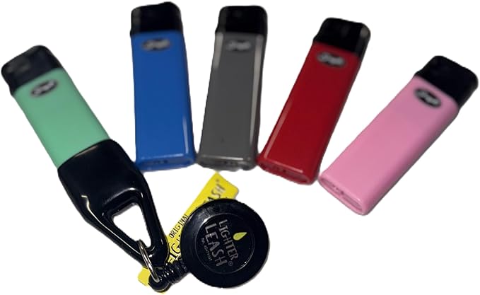 Scripto Electronic Lighters with Lighter Leash, Push Button Assorted Colors, Pack of 5 Lighters and 1 Original Leashes