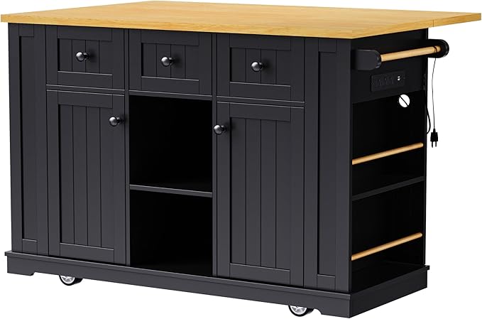 Kitchen Storage Island on Wheels with 2 Bar Stools, Rolling Drop Leaf Kitchen Island Cart with Power Outlet, Open Side Racks, Door Shelves and Towel Bar, 53-Inch, Black