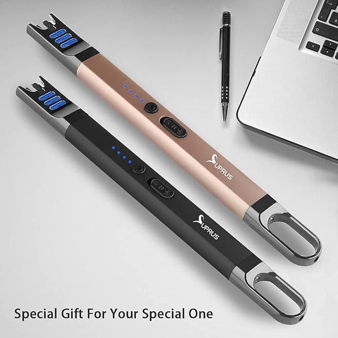 SUPRUS Candle Lighter Electric Arc Lighter Windproof Flameless USB Rechargeable Lighter with LED Light for Candle Camping BBQ Cooking (Black+Champagne Gold)
