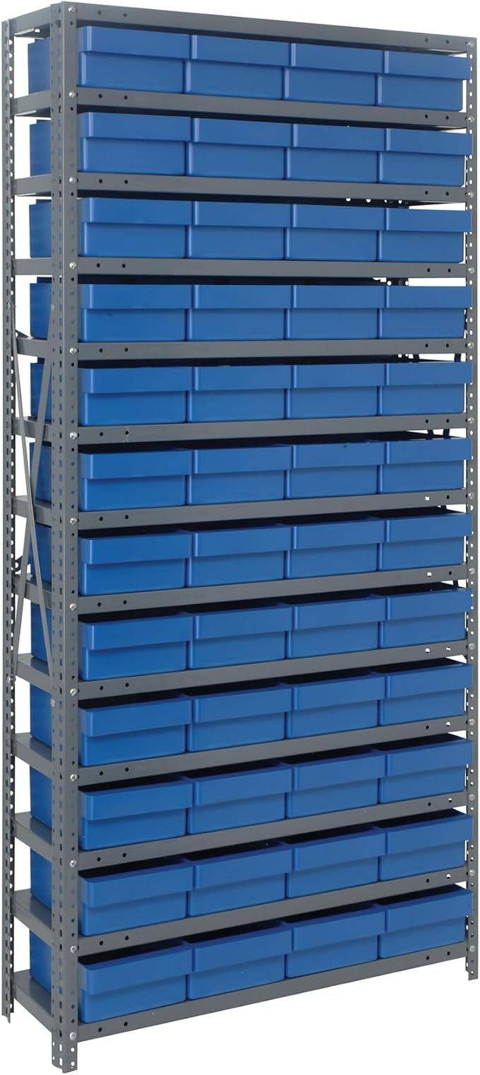 Quantum Storage Systems 1275-701BL Solid Heavy Duty 13 Shelves 48 Super Tuff Euro Blue Bins 75" H x 36" W x 12" D