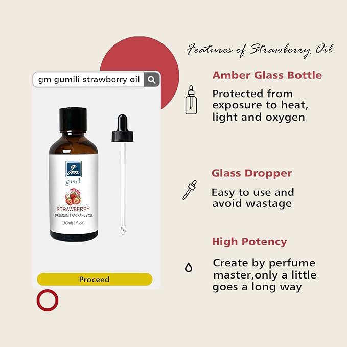 GM Gumili Strawberry Fragrance Oil, Perfume Oil, Home Scent Oils for Soaps, Candle Making, Dryer Balls, Diffusers, Laundry, Slime -1 oz /30ml