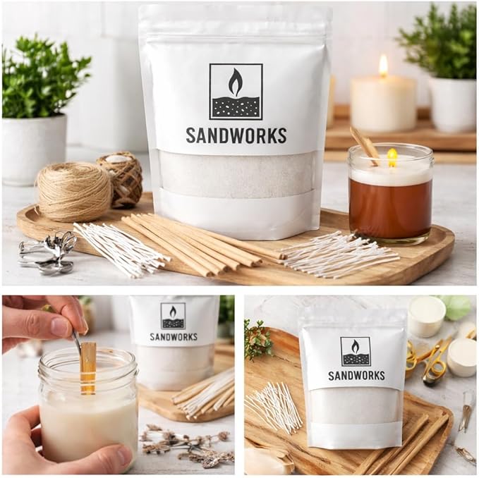 Sand Wax Candle Making Kit – 5 Wooden Wicks & 15 Cotton Wicks, 500 g Premium Fragrance-Free Sand Wax (Obsidian Black)