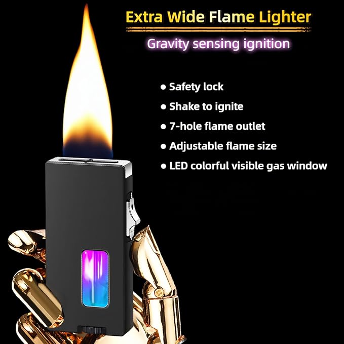 Extra Wide Flame Butane Lighters, Gravity Sensing Shake to Ignite, Adjustable Flame Size, USB-C Charging and Refillable Lighter with Safety Lock (Fuel Not Included) (Blue)