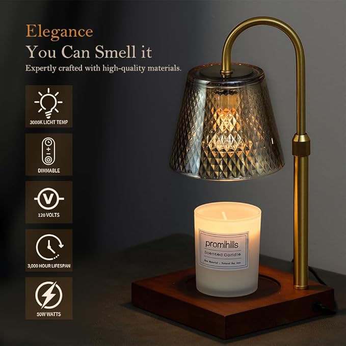 Candle Warmer Lamp with Timer (2H/4H/8H), Adjustable Height Dimmable Wax Melting Lamp for Jar Candles, Electric Candle Lamp for Home Decor, Ideal Gift for Candle Lovers (Amber)