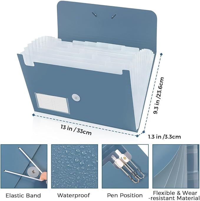 SKYDUE Expanding File Folder, Accordion File Organizer with 13 Pockets for A4/Letter Sized Paper, Accordion Folder with Labels - Document Receipt Organizer for Office, School, Home