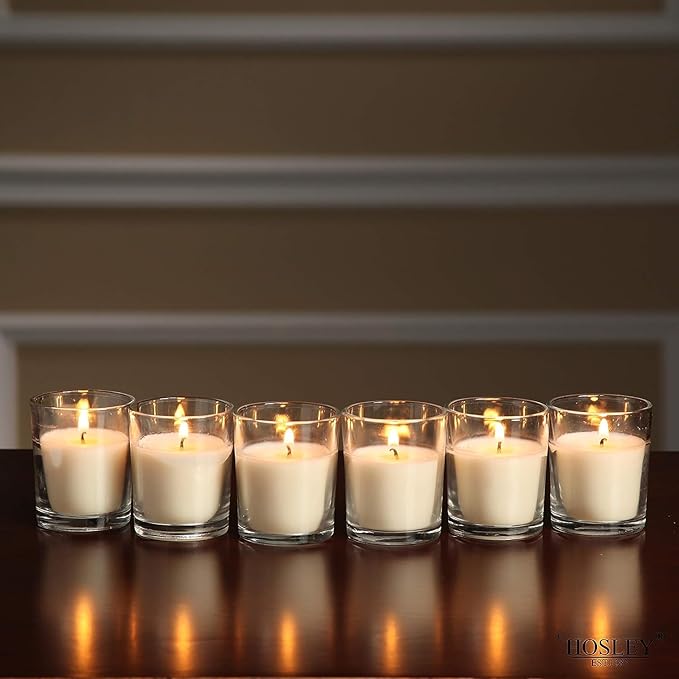 Hosley 20-Pack Ivory Unscented Votive Candles in Clear Glass Holders Hand Poured Wax for Timeless Elegance and Versatile Décor Illuminate Every Moment