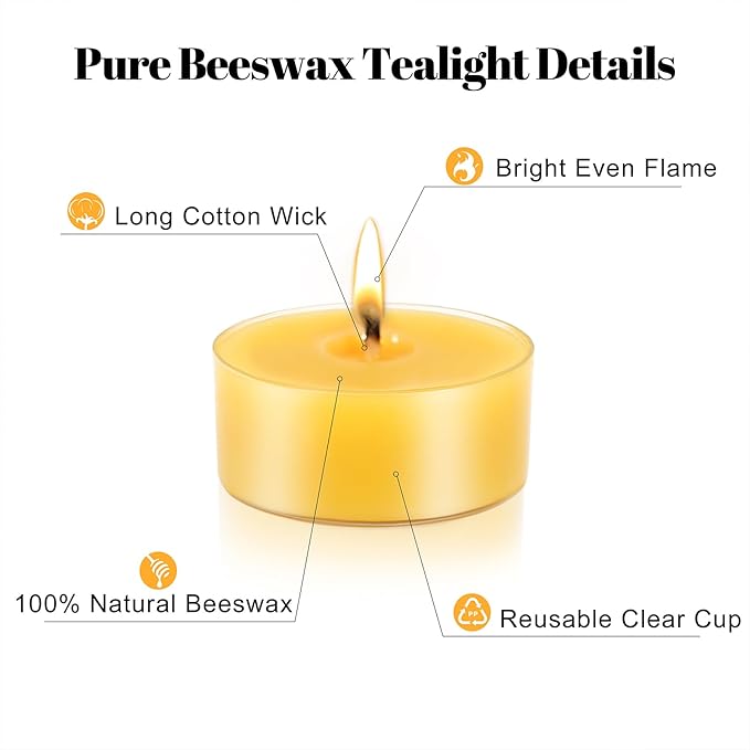 Pure Beeswax Tealight Candles-16 Pack - Handmade Natural Beeswax Tea Candles in Clear Cup | 4 Hour Extended Burn Time | Smokeless Beeswax Candles | for Home Deco, Fragrance, Relax