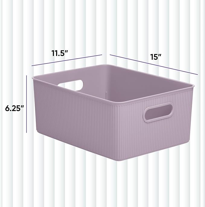 Superio Ribbed Collection - Decorative Plastic Basket Open Home Storage Bins Organizer, Large Lilac Purple (4 Pack) Container Boxes for Organizing Closet Storage Bins for Shelves 15 Liter/16 Quart