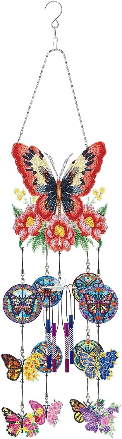 Butterfly Diamond Art Wind Chimes DIY Kits 5D Diamond Art Painting Wind Chime Hanging Ornament Set Double Sided Special Shaped Beads by Number Stitch Butterfly Wind Chime Pendant for Yard Home Decor