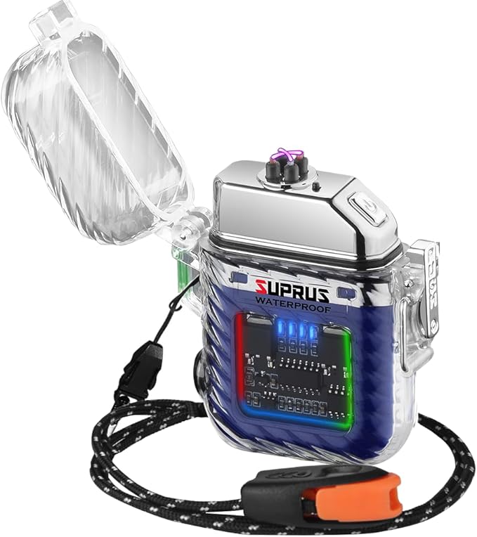 SUPRUS Luminous 3 Modes of Flashlight Windproof Waterproof Lighter Electric Rechargeable Dual Arc Plasma Lighter with Survival Emergency Whistle and Lanyard (Blue)