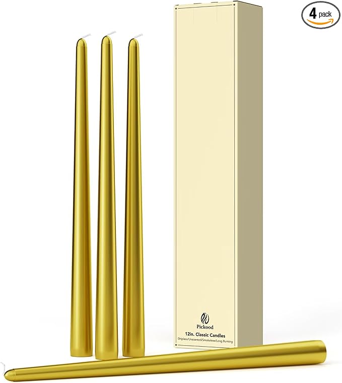 12-Inch Tall Dripless Taper Candles Set of 4 - Gold Tapered Candles, Perfect for Wedding,Christmas - Smokeless, Unscented, Long Burning - Hand Poured, Colored Tall Candlesticks - doradas