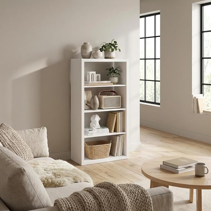 Furnifact White Bookcase with Durable Wooden Construction, Single Piece Design, Stylish Storage Solution for Home and Office