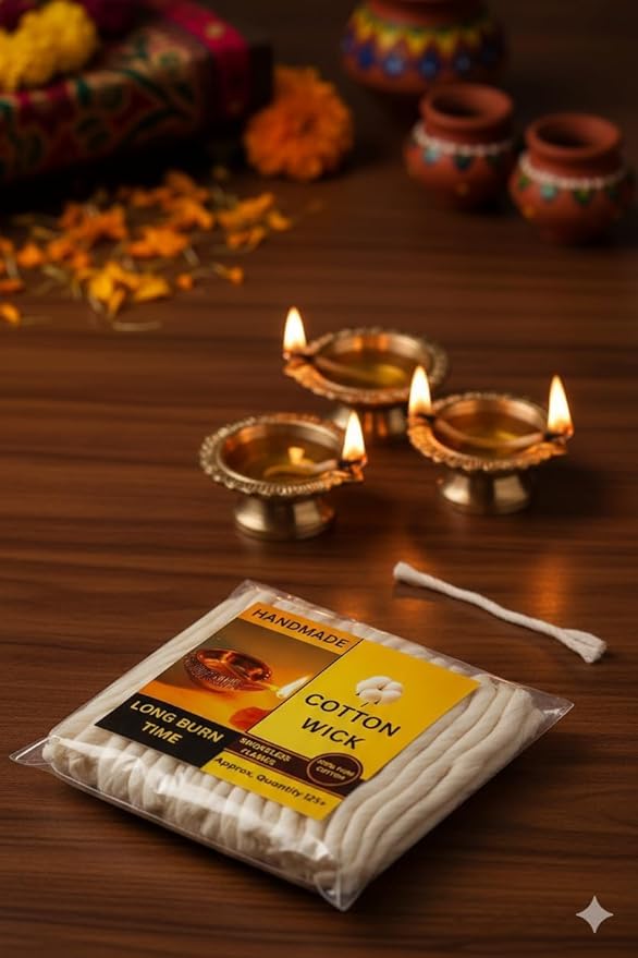 Cotton Wicks for Oil Lamps, Diya & Candles – 100% Natural Hand-Rolled Cotton, Smokeless Long-Burning Wick for Prayer, Meditation & Home Décor – Pack of 125