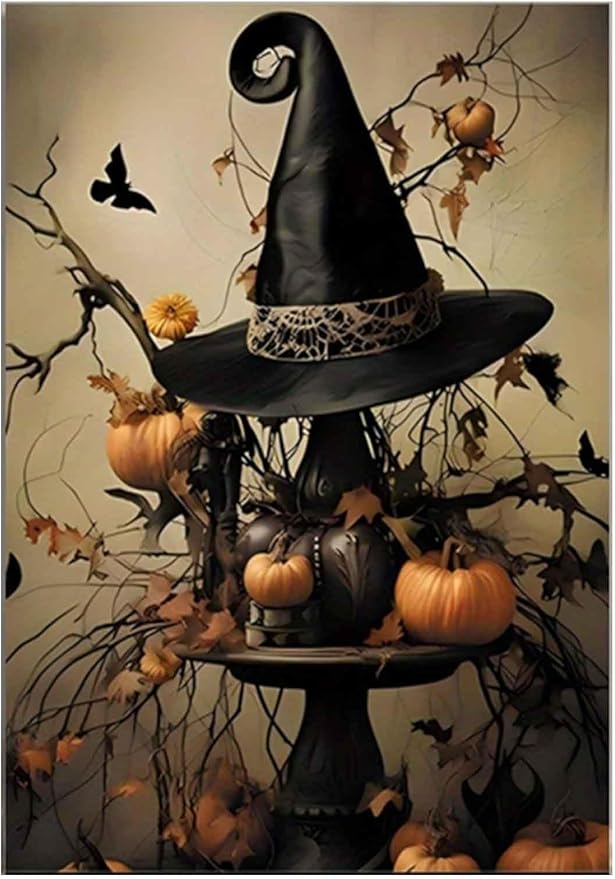 Halloween Witch Hat & Pumpkins Decor Paint by Numbers for Adults, Spooky Fall DIY Painting Kit, Gothic Wall Decor 24 Colors 20x24 inch Framed