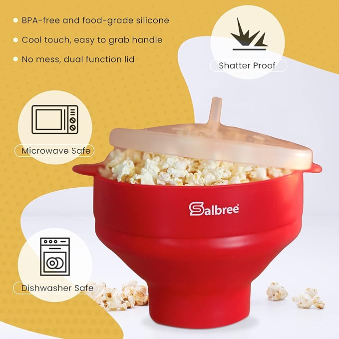 The Original Salbree Collapsible Silicone Microwave Popcorn Popper Maker Machine, Microwavable Bowl Holds 16 Cups, Uses Hot Air and Oil Always Optional - The Most Colors Available (White)