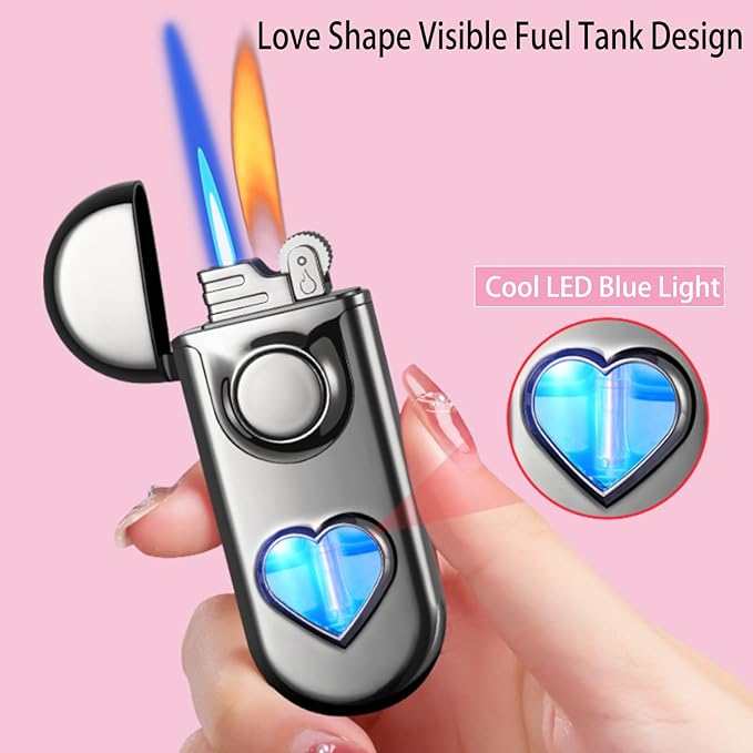Torch Dual Flame Lighter with 6 Flint Stones, Windproof with Gas Window, Adjustable Soft & Jet Flame, Refillable Butane for Indoor Outdoor - Black