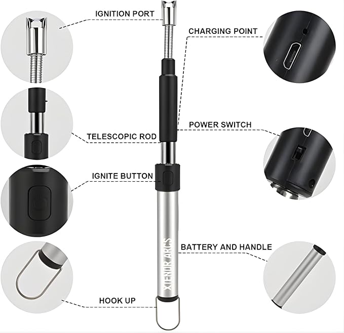 V2 Extendable 2.5 Feet. Arc Extra Long Lighter, Flameless Fireplace Stove Electric Candle Lighter, Long Neck for Pilot Light, Grilling, Firepit, Kitchen, BBQ (White)