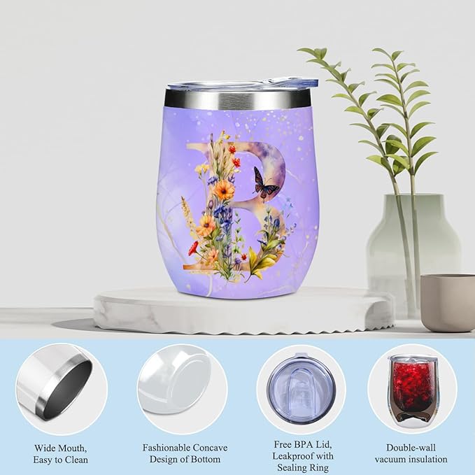 Personalized Gifts Monogrammed Birthday Gifts for Women, Sister Cowerker Mom Boss Day Christmas Appreciation Initial Wine Tumbler Makeup Bag Scented Candle Bracelet Set, (Aesthetic Purple Flower B)