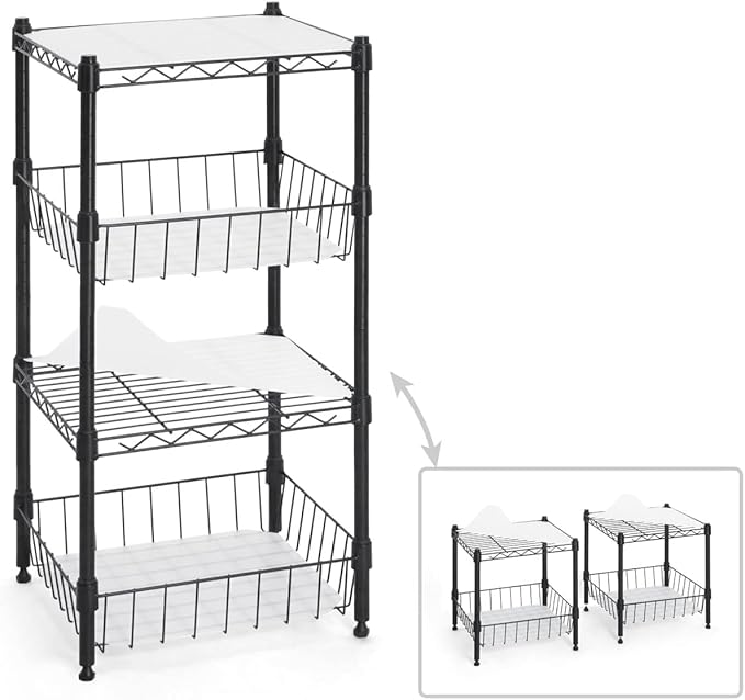 Fencer Wire NSF 2 to 4 Tier Stackable Wire Shelving Unit w/Baskets & Liner, Storage Rack Kitchen, Bathroom, Laundry Closet, Wire Shelving Basket Shelves, Storage Rack Corner Shelves, Black