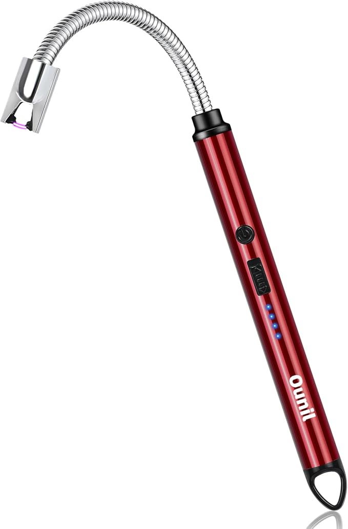 Ounil Electric Lighter Candle lighters USB Rechargeable Type-C Windproof Flameless arc Lighter LED Battery Display, Suitable for Light Candle Firework BBQ Camping (Red