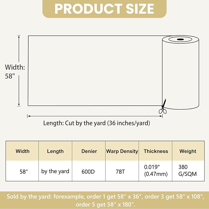 Waterproof Marine Canvas Fabric by The Yard 58" W 600D PVC Backing Water-Resistant Polyester Fabric Upholstery Material for Outdoor Indoor Marine Awning Tent Boat Furniture Cover DIY, 3 Yards Beige