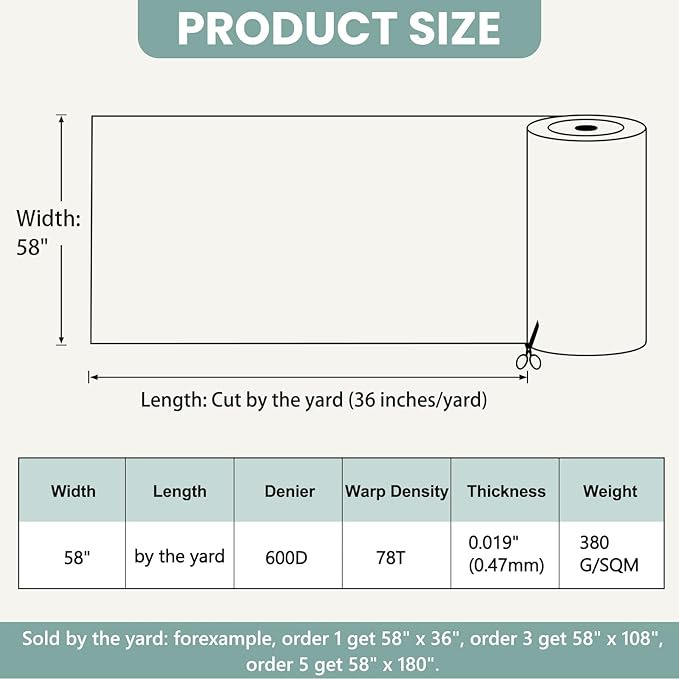 Waterproof Marine Canvas Fabric by The Yard 58" W 600D PVC Backing Water-Resistant Polyester Fabric Upholstery Material for Outdoor Marine Awning Tent Boat Furniture Cover, 3 Yards Pale Turquoise