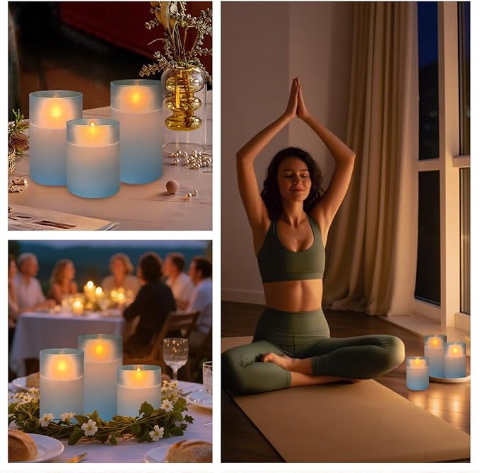 Rechargeable Flameless Candle, Flickering LED Pillar Glass Fake Candle with Remote and Timer, Built-in Battery Real Wax Electronic Candle for Room Decoration, Set of 3