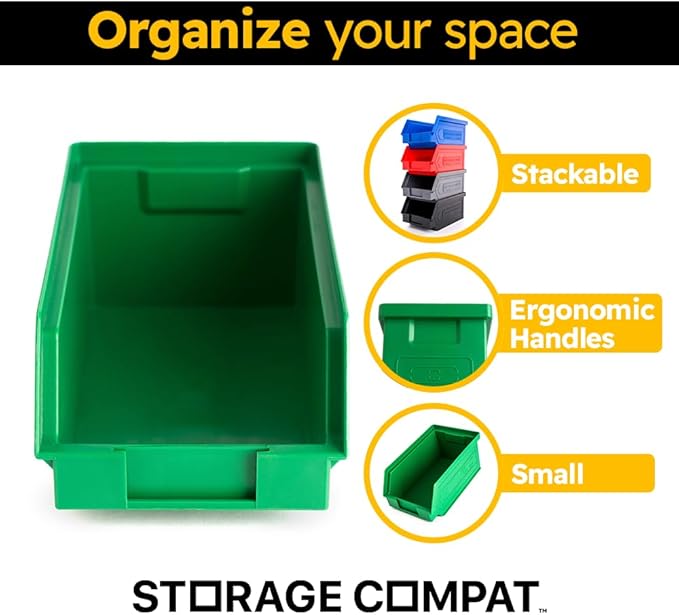 Plastic Storage Bins, Hanging, Stackable, Storage Organizer Bin for Warehouses, Workshops 7-Inch x 4-Inch x 3-Inch (Green, 6-Pack)