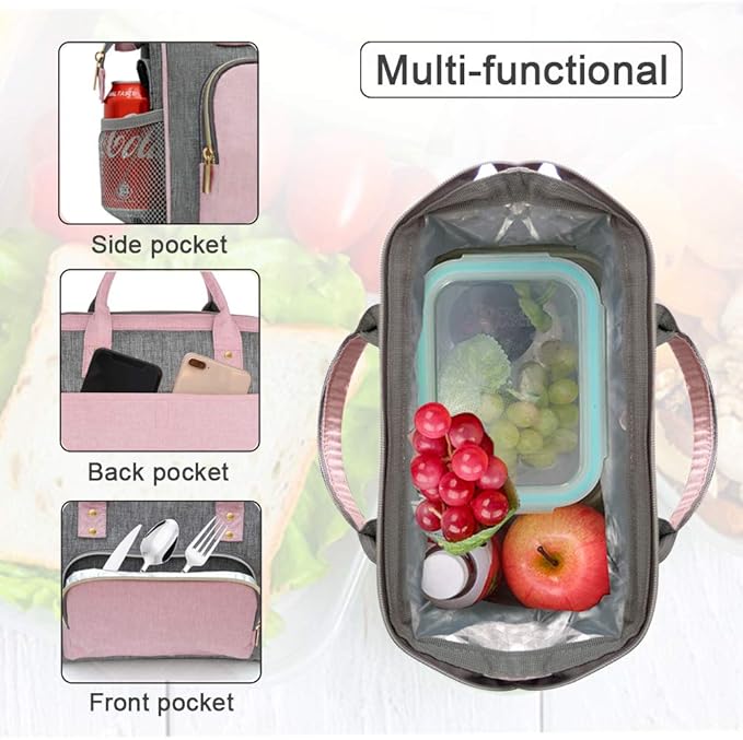 IDEATECH Insulated Lunch Box for Women, Cute & Reusable Cooler Lunch Bag for Work, Office & Picnic, Leak-Proof Tote with Shoulder Strap (Pink)