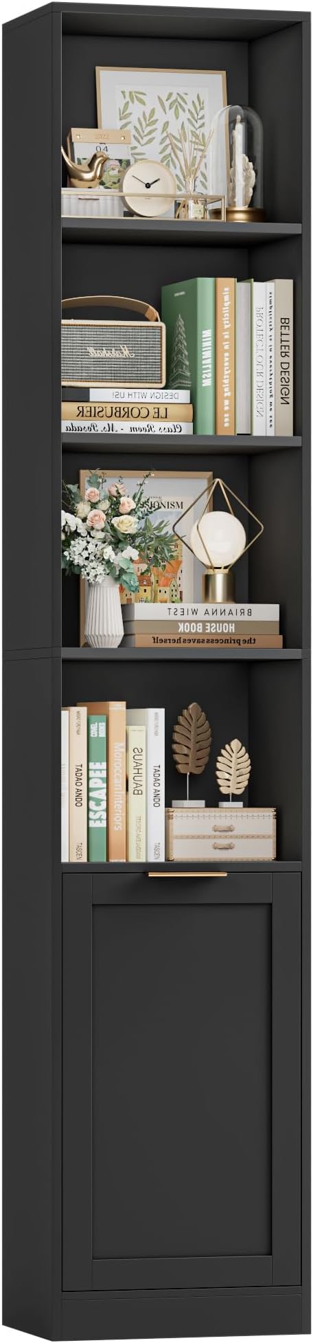FACBOTALL 73.5" Tall Narrow Bookshelf, Tall Bathroom Storage Cabinet, Slim Bathroom Cabinet with Doors, 6 Tier Slim Bookshelf with Storage, Narrow Storage Cabinet for Living Room, Home Office, Black