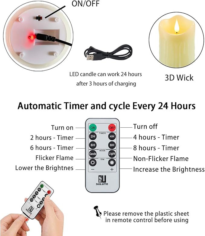 Flameless Candles with Rechargeable Battery, Flickering Candles with Remote and Timer, led Pillar Candles Real Wax Wick, Led Candles for Home, Wedding, Halloween, Christmas, Party 3" x 6"
