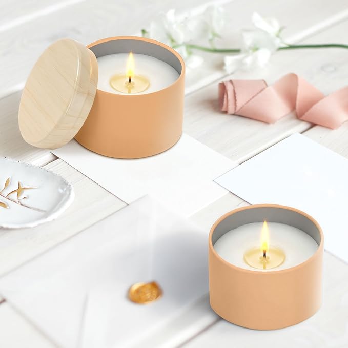 Honeydak 36 Pcs 4oz Brown Candle Jars Bulk Candle Tins Small Empty Containers with Metal Wood Grain Printing Lids for Making DIY Jars Storage Wedding Gifts