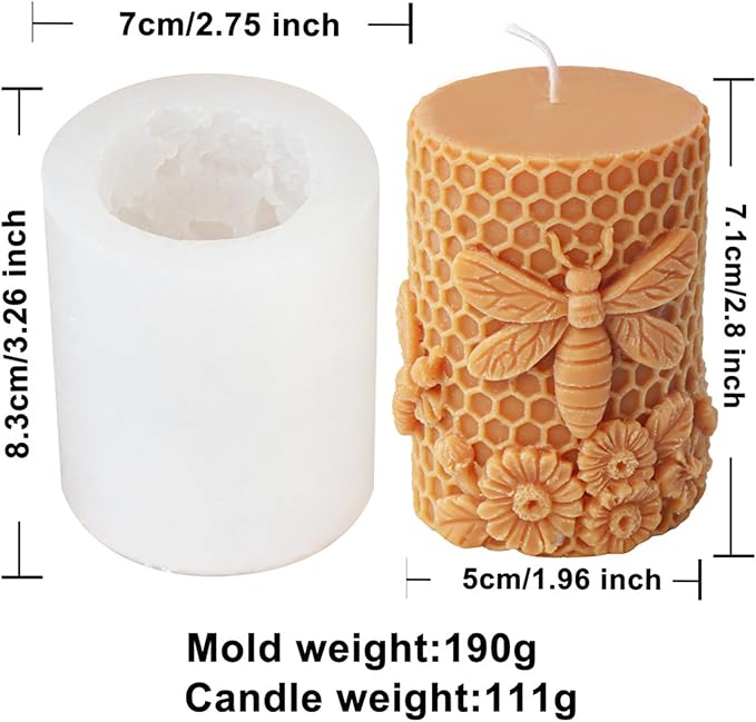 Bee Honeycomb Flower Cylinder Candle Mold, Honeybee Beehive Pillar Silicone Mold for Beeswax Candle, Soy Wax Candle, Plaster Ornament, DIY Crafts(B)