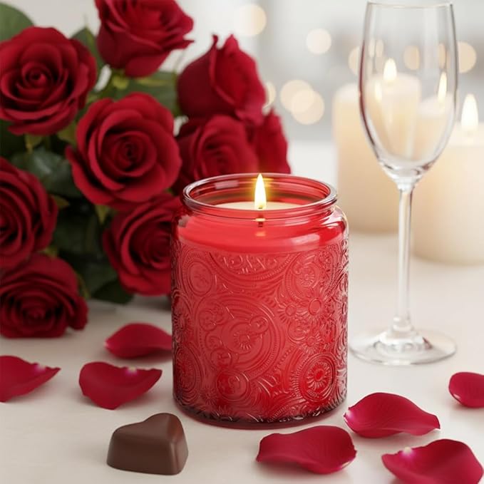 9-Pack 8oz Embossed Glass Candle Container with Bamboo Lids and Labels, Red Candle Jars for Making Candles, Sun Moon Star Design