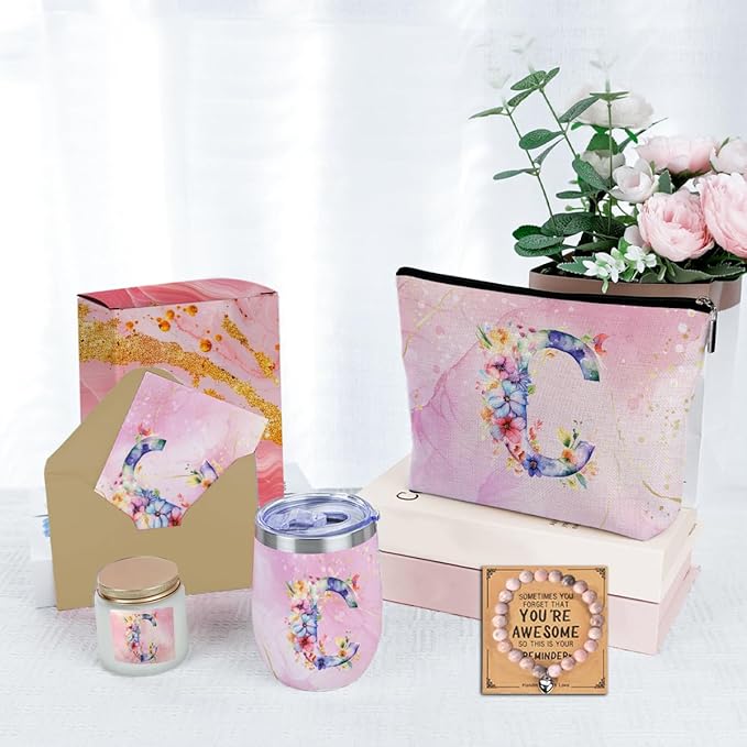 Personalized Gifts Monogrammed Birthday Gifts for Women, Cowerker Bride Wife Sister Wedding Christmas Initial Wine Tumbler Makeup Bag Scented Candle Bracelet Set, (Aesthetic Pink Flower C)
