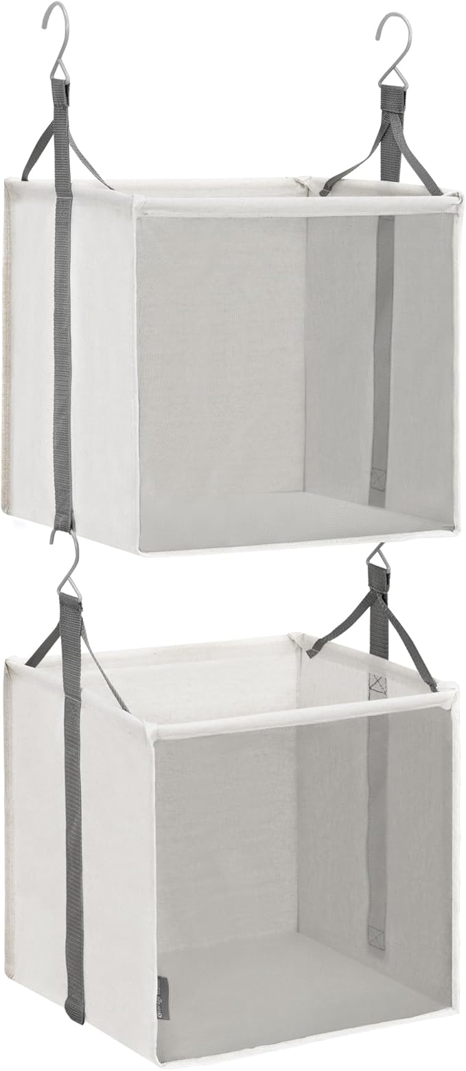 STORAGE MANIAC 2-Shelf Hanging Closet Organizer, Cloth Hanging Closet Shelf, Hanging Closets Baskets with Hooks for Dorm, Apt, Bedroom, College, Garment Rack, Wardrobe, Fabric with Mesh, Ivory