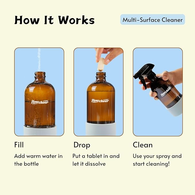 flowcheer Multi-Purpose Cleaner Starter Kit-Lemon Scent all purpose cleaner concentrate,cleaning tablets (6 Refill tablets) with Reusable Spray Bottle Multi-Surface Cleaner, 6x17fl oz