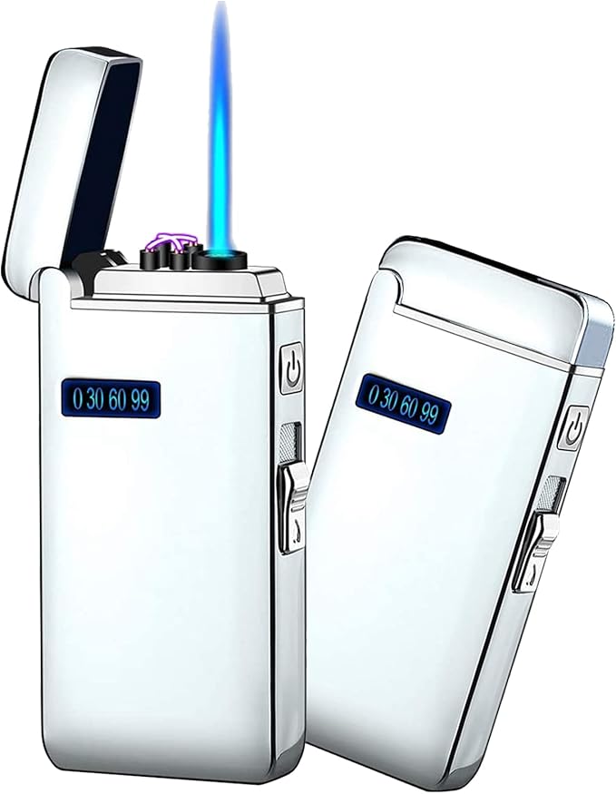 Electronic Lighter Jet Flame Torch Lighters 2 in 1, Refillable Butane Electric USB Rechargeable, Premium Windproof with LED Display Power Infinity for BBQs,Candle,Camping Indoor (Silver Ice)