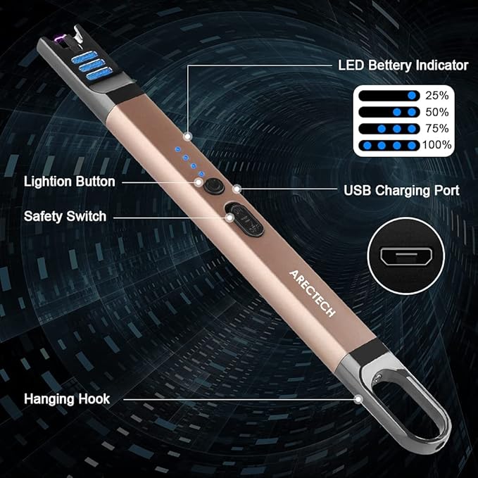 ARECTECH Electric Candle Lighter Rechargeable USB Long Gill Lighter for Candle Cooking Camping BBQs Fireworks Champagne Gold