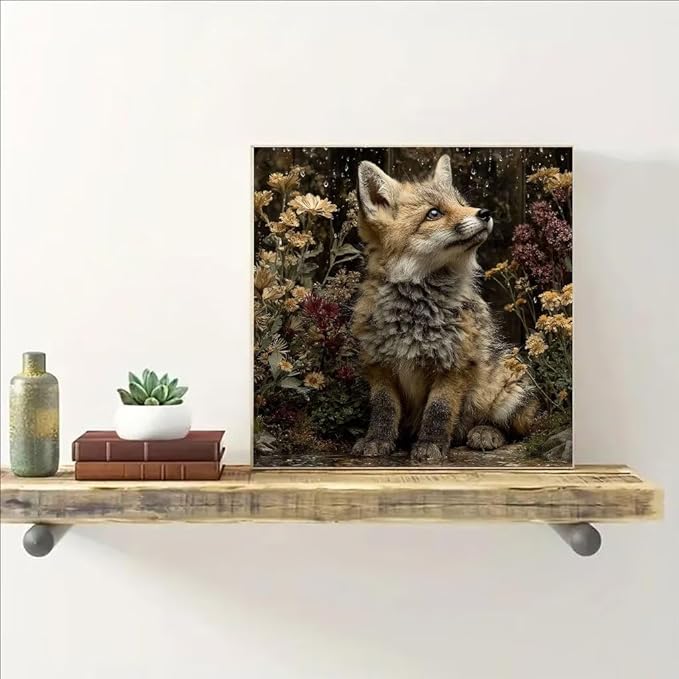 Diamond Art Kits for Adults Fox Diamond Painting Kit Flower, DIY Crafts for Adults 5D Full Square Drill Gem Art Embroidery Cross Stitch Painting Kit for Wall Decor, Birthday Girl 15.8x15.8inch 7-UK55