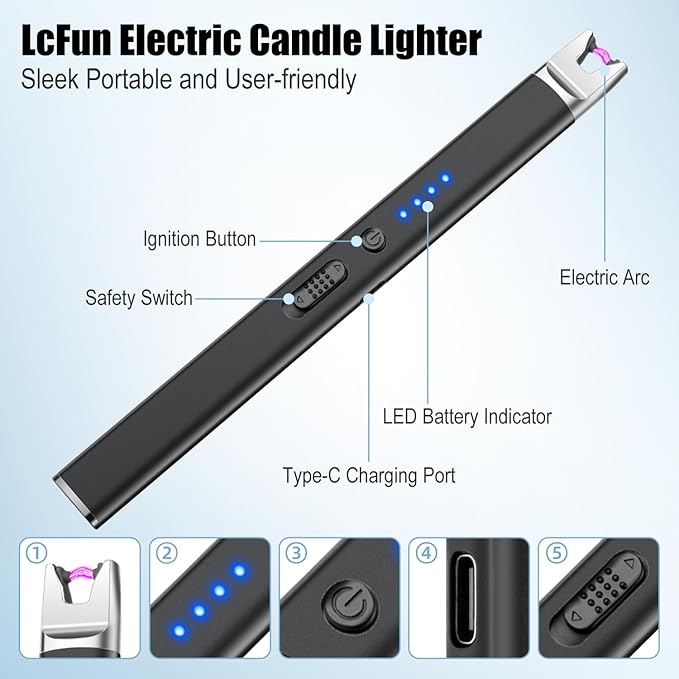 LcFun 2 Pack Candle Lighter USB Rechargeable Electric Plasma Arc Lighters with Safety Lock, Windproof Flameless Long Lighters Matches for Candle, Grill, BBQ, Camping, Gas Stoves (Black, Gold)