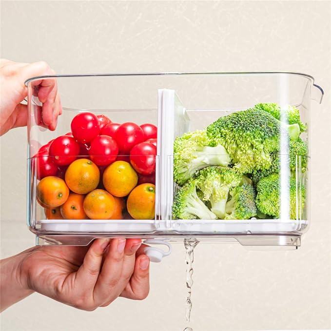 Slideep 9'' Food Storage Containers, Stackable Fridge Produce Saver with Lids, Removable Drain Tray Drawers Refrigerator Produce Keeper with Strainer for Veggie, Berry, Fruits, Vegetables -2 Packs