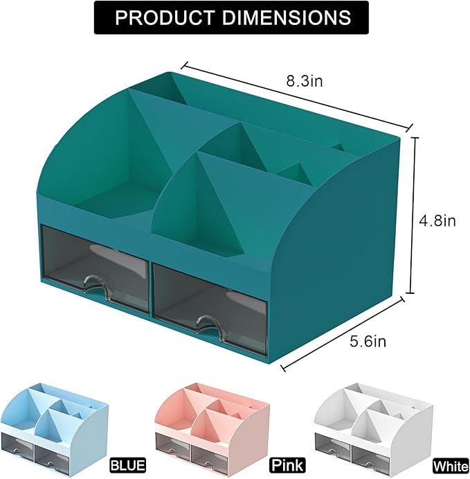 COMFYROOM Desk Organizer with 6 Compartments and 2 Drawers, Plastic Makeup Organizer, Pen Holder for Desktop Storage, Desk Organization for School, Home, Office Supplies (Dark Green)