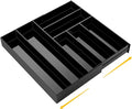 Briwooody 1 Pcs Acrylic Desk Drawer Organizer 9'' up to 18'' x 15'' x 2.1'' Expandable Drawer Organizer Trays with 7 Adjustable Compartments Black Desk Accessories for Makeup Office Bathroom
