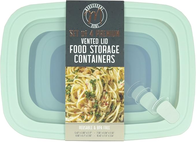 Set of 4 BPA Free Food Storage Containers with Vented Lids Assorted Sizes, Microwave & Freezer Safe, Leftovers, Meal Prep, Fridge Organization Dry Grains Storage by Dependable Industries Inc. (Green)