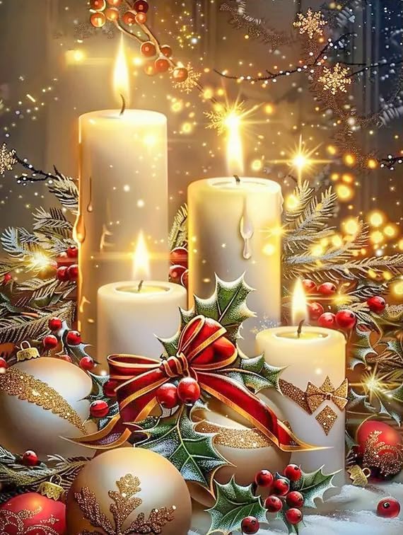 VIGEGU Christmas Diamond Painting Kits for Adults, Christmas Candles Diamond Art for Beginners, 5D Round Full Drill Winter Diamond Painting Gem Art Kits for Home Wall Decor 12x16 in