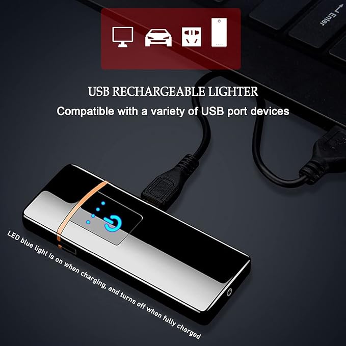 Electronic Lighter, Windproof USB Rechargeable Slim Coil Electric Lighters with Smart Fingerprint Sensor Double Side Ignition,Creative Power Indicator Flameless Boyfriends Gifts(Blue)