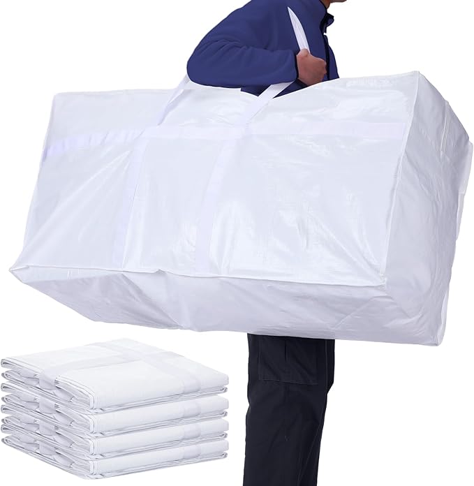 Windyun 4 Pack 57 Gallon Extra Large Moving Bags XXL Heavy Duty Storage Bag with Strong Zipper Handle Jumbo Big Tote Box Foldable for College Dorm Travel Clothes Duffle Blanket Pillow(White)